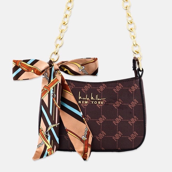 🆕 Nicole Miller | Embellished Logo Shoulder Bag in Choco Brown - Picture 1 of 5